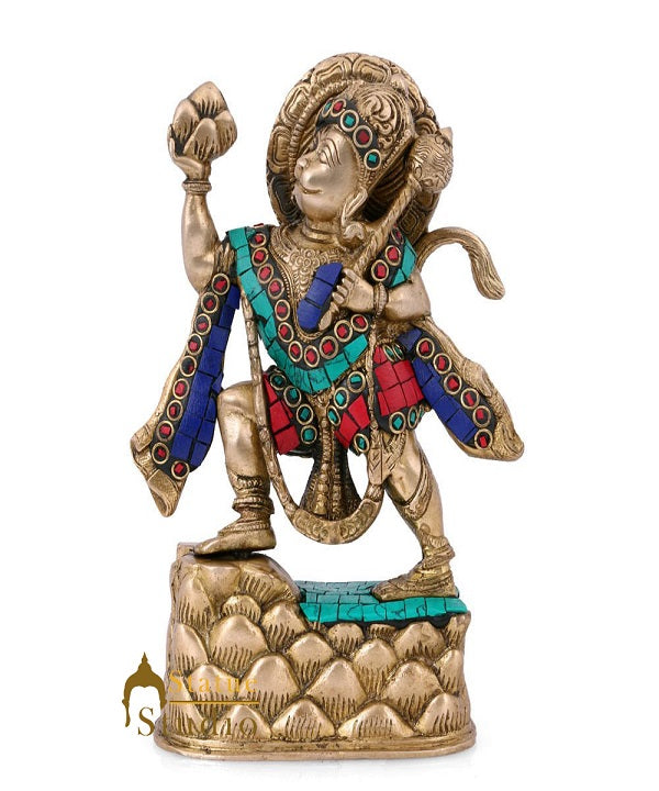 Brass Hanuman Idol Carrying Mountain Statue For Home Temple Décor Gift 7" - Image 2