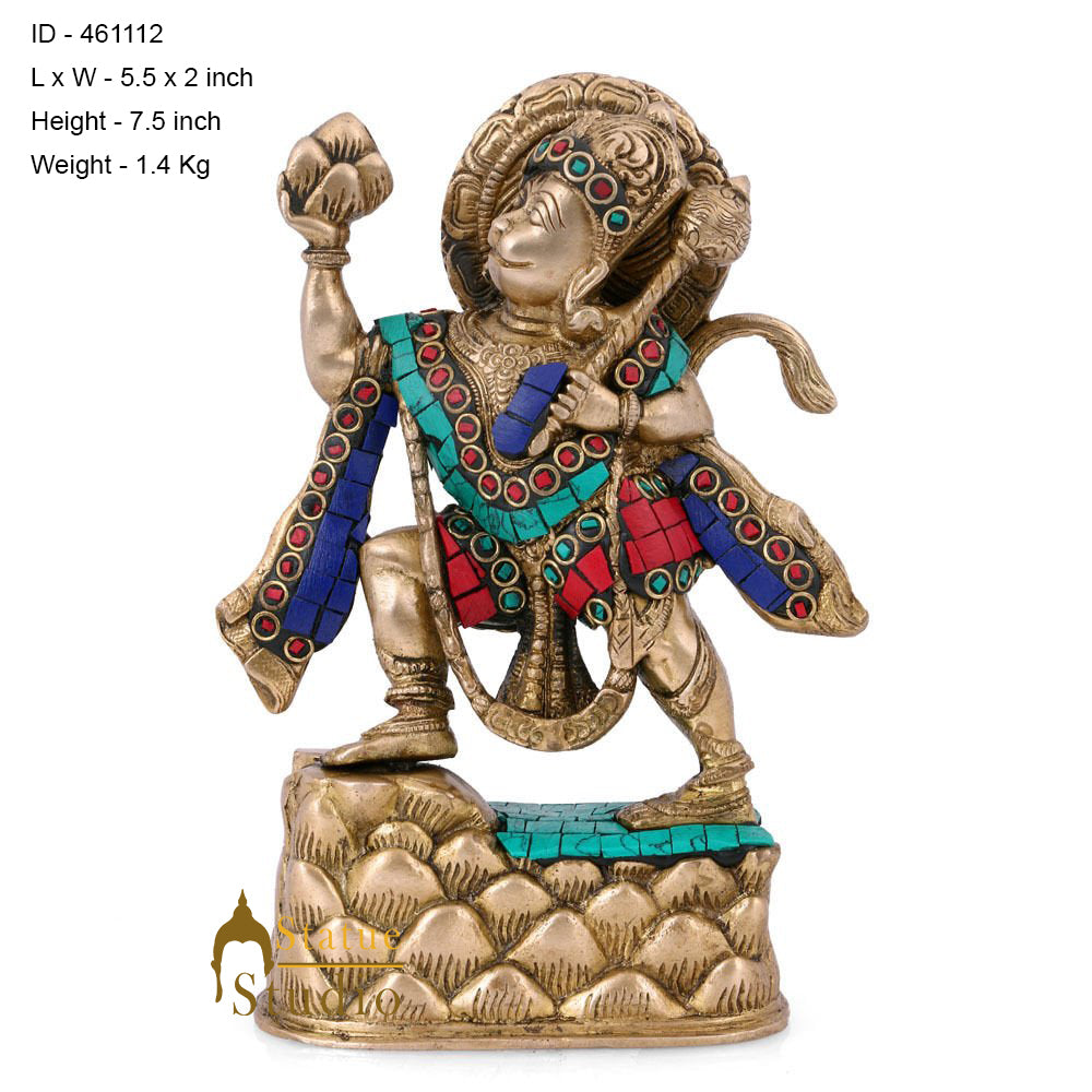 Brass Hanuman Idol Carrying Mountain Statue For Home Temple Décor Gift 7" - Image 5