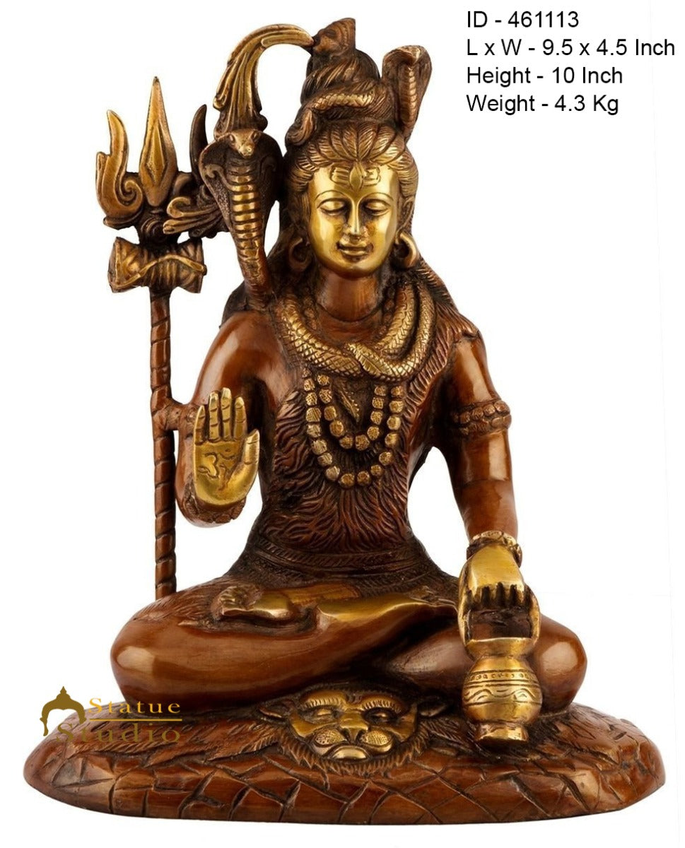 Brass Blessing Lord Shiva Idol Antique Finish Lucky For Home Temple Decor Gift 10"