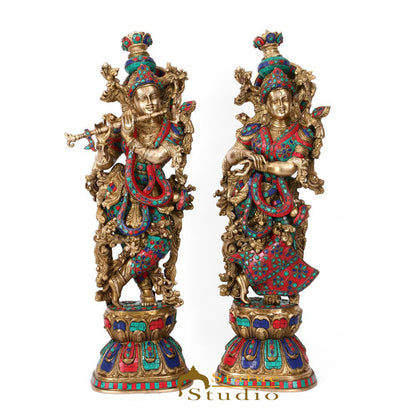 Brass Radha Krishna Idol For Home Office Garden Décor Large Inlay Statue 29" by vendor-unknown - Hindu Gods