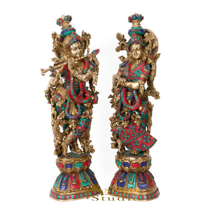 Brass Radha Krishna Idol For Home Office Garden Décor Large Inlay Statue 29" by vendor-unknown - Hindu Gods (View 3)