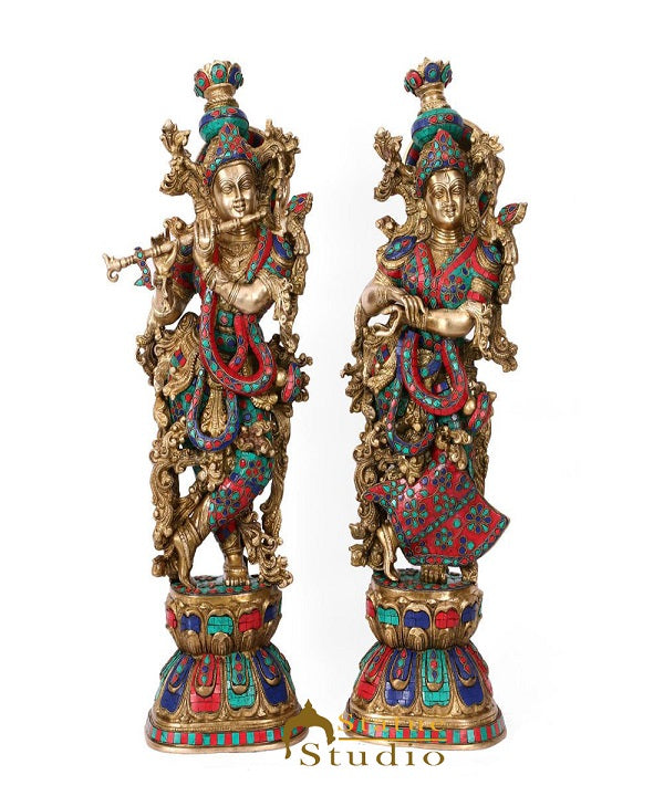 Brass Radha Krishna Idol For Home Office Garden Décor Large Inlay Statue 29"