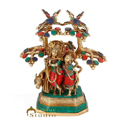 Brass Radha Krishna Idol With Cow Under Tree For Home Décor Large Inlay Statue by vendor-unknown - Hindu Gods