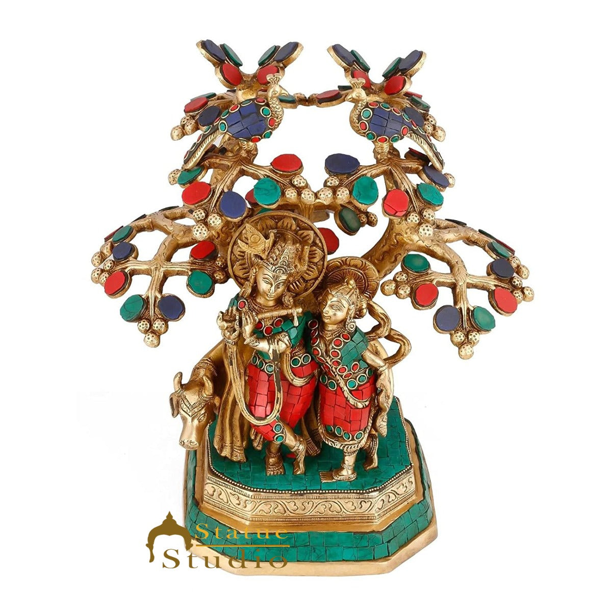 Brass Radha Krishna Idol With Cow Under Tree For Home Décor Large Inlay Statue - Image 3