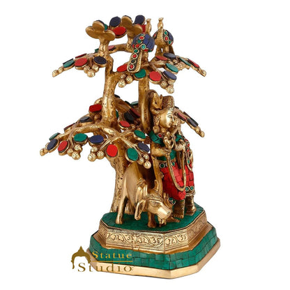 Brass Radha Krishna Idol With Cow Under Tree For Home Décor Large Inlay Statue by vendor-unknown - Hindu Gods (View 4)
