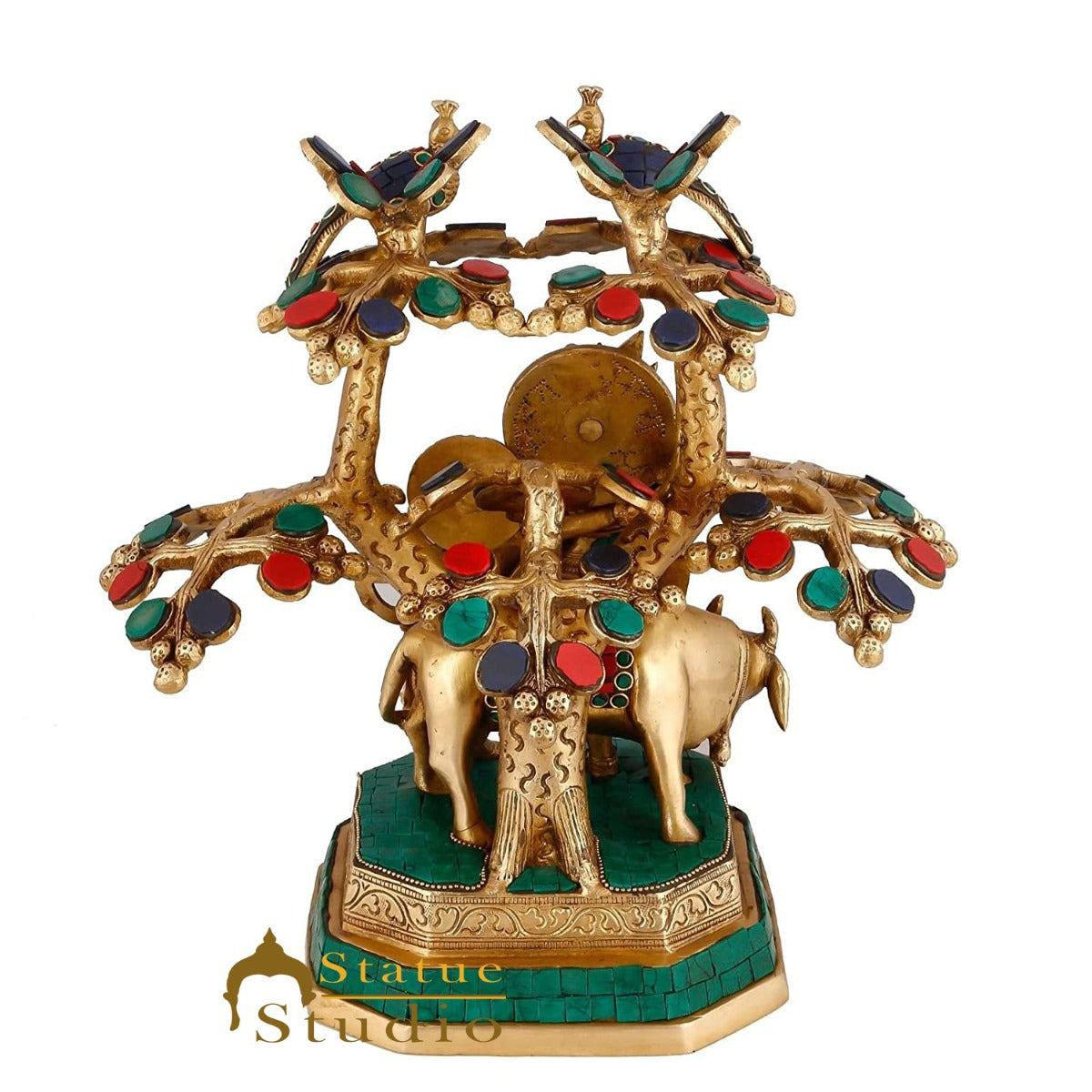 Brass Radha Krishna Idol With Cow Under Tree For Home Décor Large Inlay Statue - Image 5
