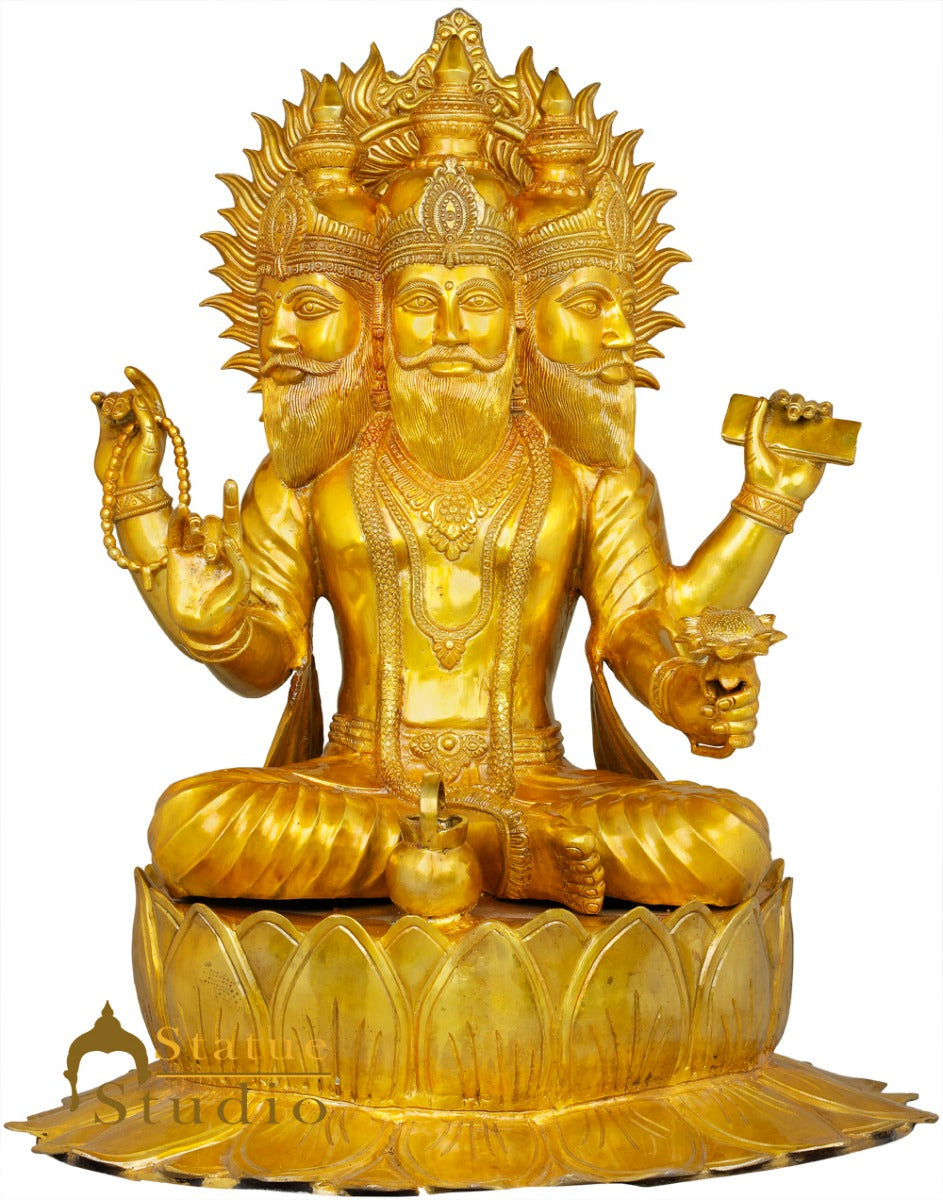 Brass Antique Lord Brahma Idol Sitting On Lotus Home Temple Religious Décor 3 ft - Image 2