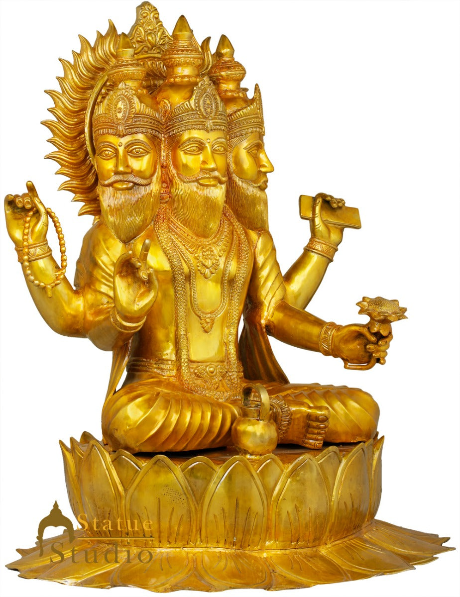 Brass Antique Lord Brahma Idol Sitting On Lotus Home Temple Religious Décor 3 ft