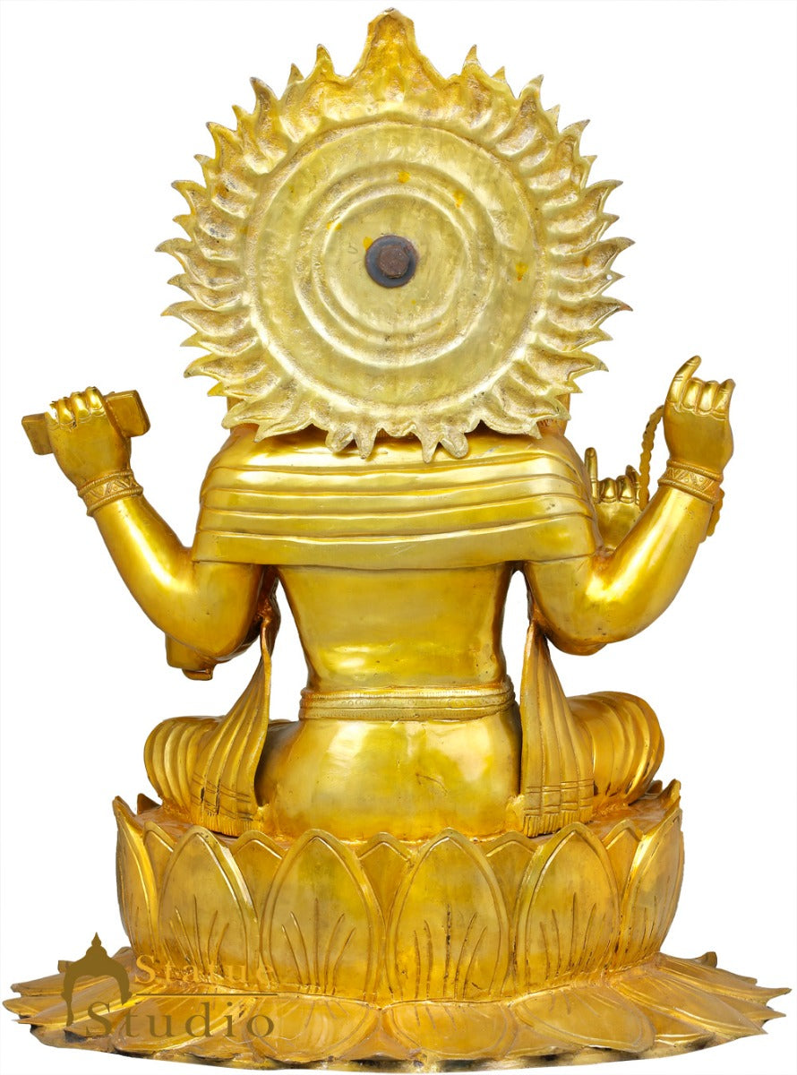 Brass Antique Lord Brahma Idol Sitting On Lotus Home Temple Religious Décor 3 ft