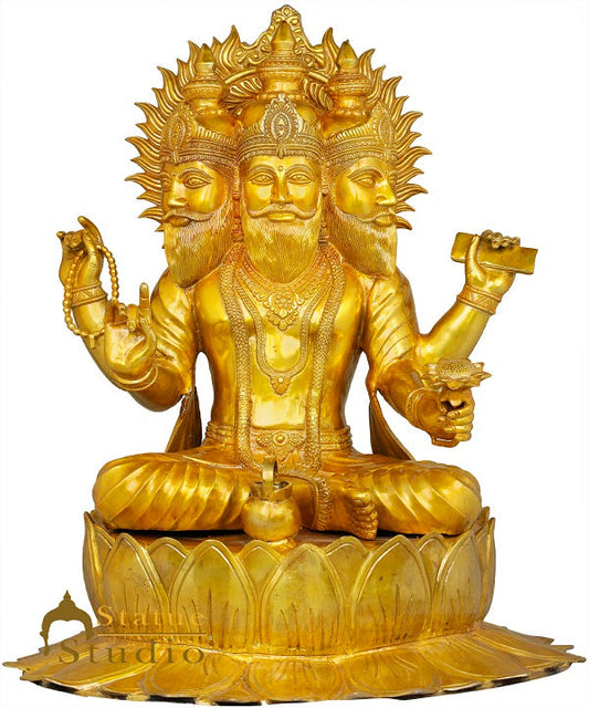 Brass Antique Lord Brahma Idol Sitting On Lotus Home Temple Religious Décor 3 ft