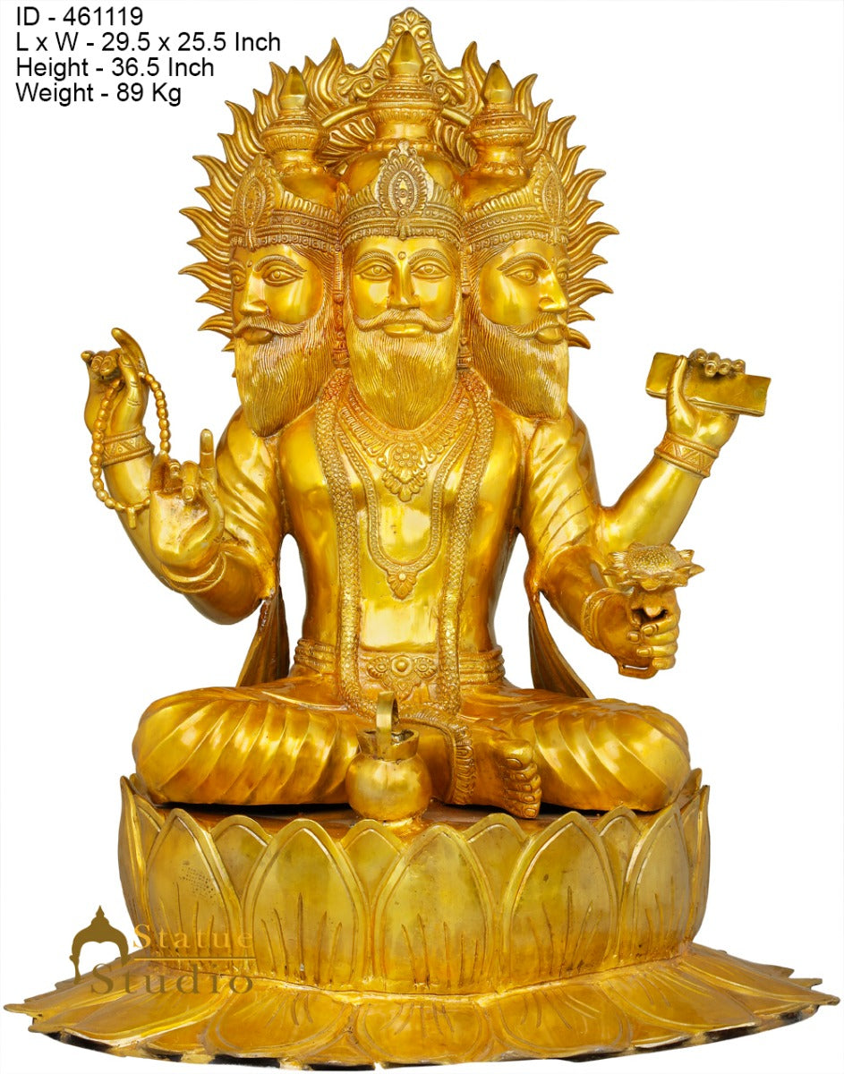 Brass Antique Lord Brahma Idol Sitting On Lotus Home Temple Religious Décor 3 ft - Image 5