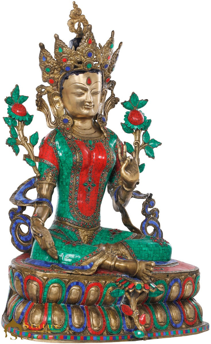 Brass Large Size Sitting Green Tara Décor Statue Female Buddha Idol 33" - Image 3