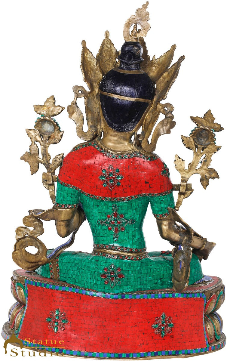 Brass Large Size Sitting Green Tara Décor Statue Female Buddha Idol 33" - Image 4