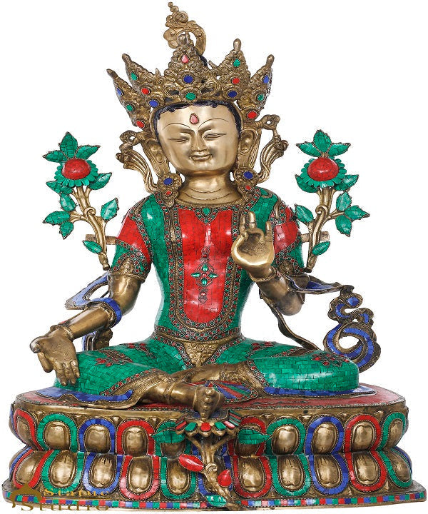 Brass Large Size Sitting Green Tara Décor Statue Female Buddha Idol 33" - Eco-friendly - Sama Homes