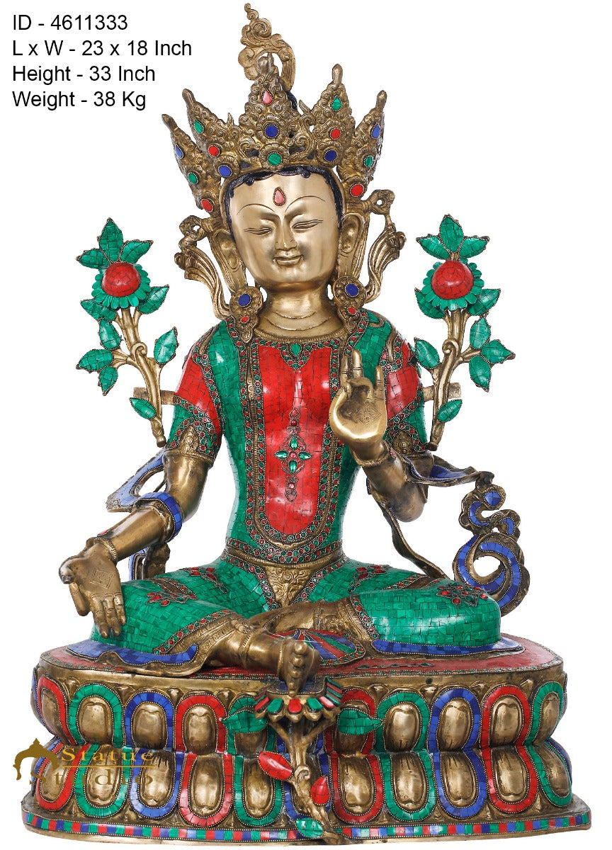 Brass Large Size Sitting Green Tara Décor Statue Female Buddha Idol 33" - Image 5