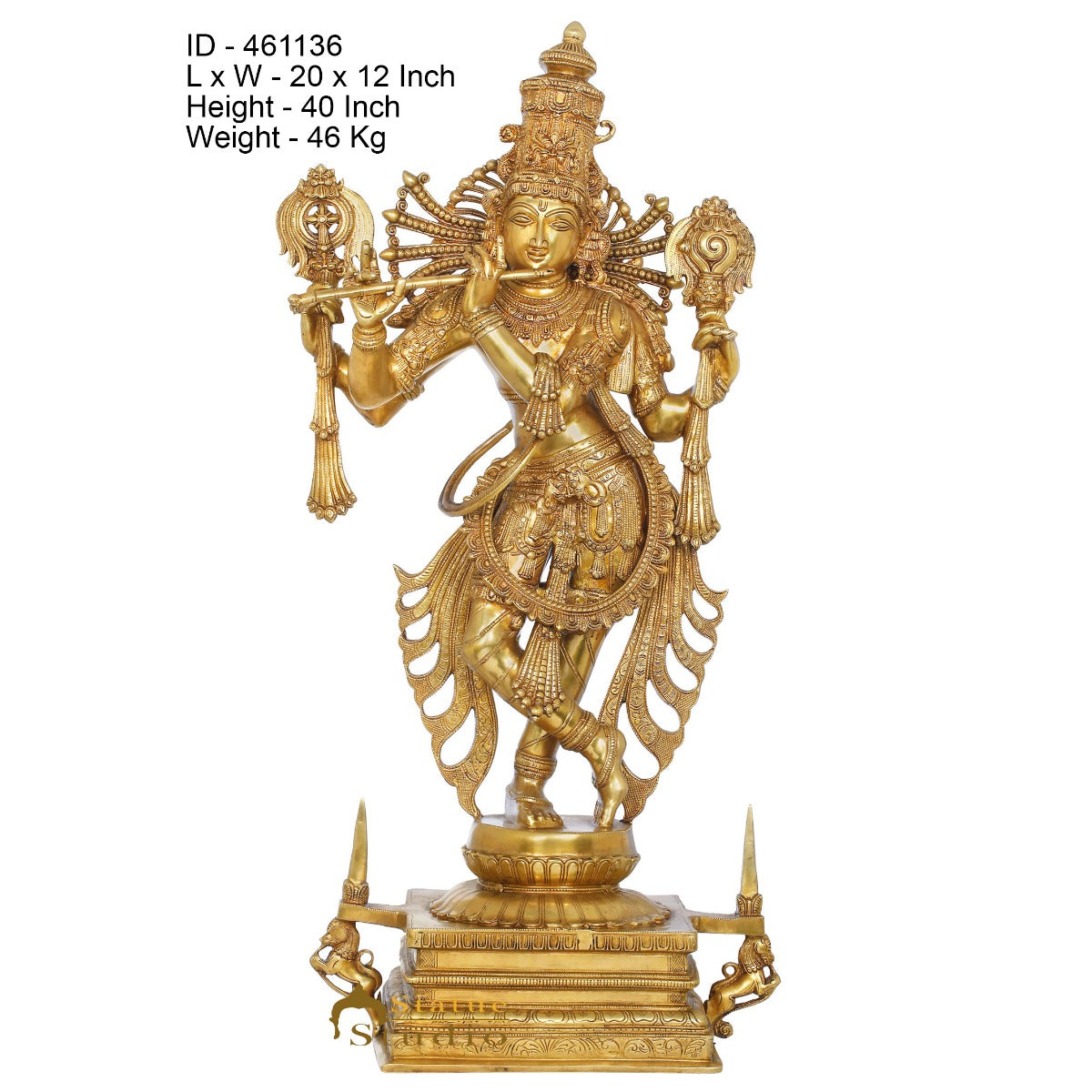 Brass Large Standing Krishna Idol Rare Masterpiece For Decor 3.5 Feet