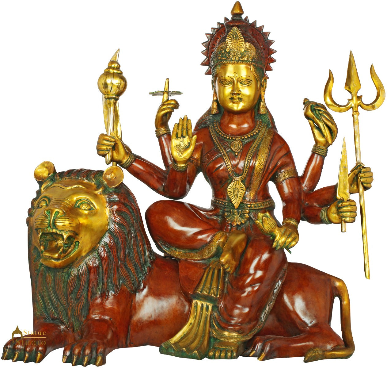 Brass Large Size Goddess Durga Sitting On Lion Home Temple Décor Idol 33" - Eco-friendly - Sama Homes