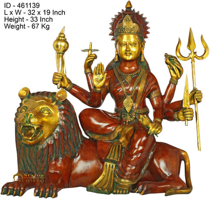 Brass Large Size Goddess Durga Sitting On Lion Home Temple Décor Idol 33" by vendor-unknown - Hindu Gods (View 5)