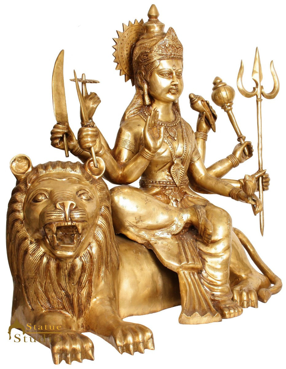 Brass Large Size Goddess Durga Sitting On Lion Home Temple Décor Statue 33" - Image 3