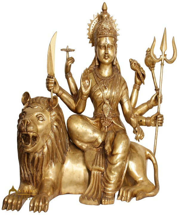 Brass Large Size Goddess Durga Sitting On Lion Home Temple Décor Statue 33"