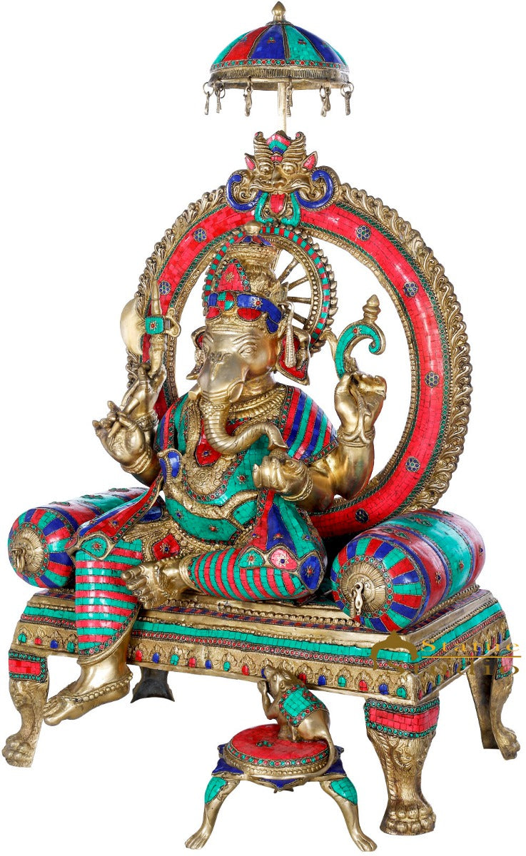 Brass Large Ganesha Statue Ganpati Idol Sitting On Royal Couch For Décor 4 Feet - Image 3
