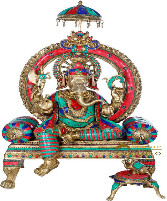 Brass Large Ganesha Statue Ganpati Idol Sitting On Royal Couch For Décor 4 Feet