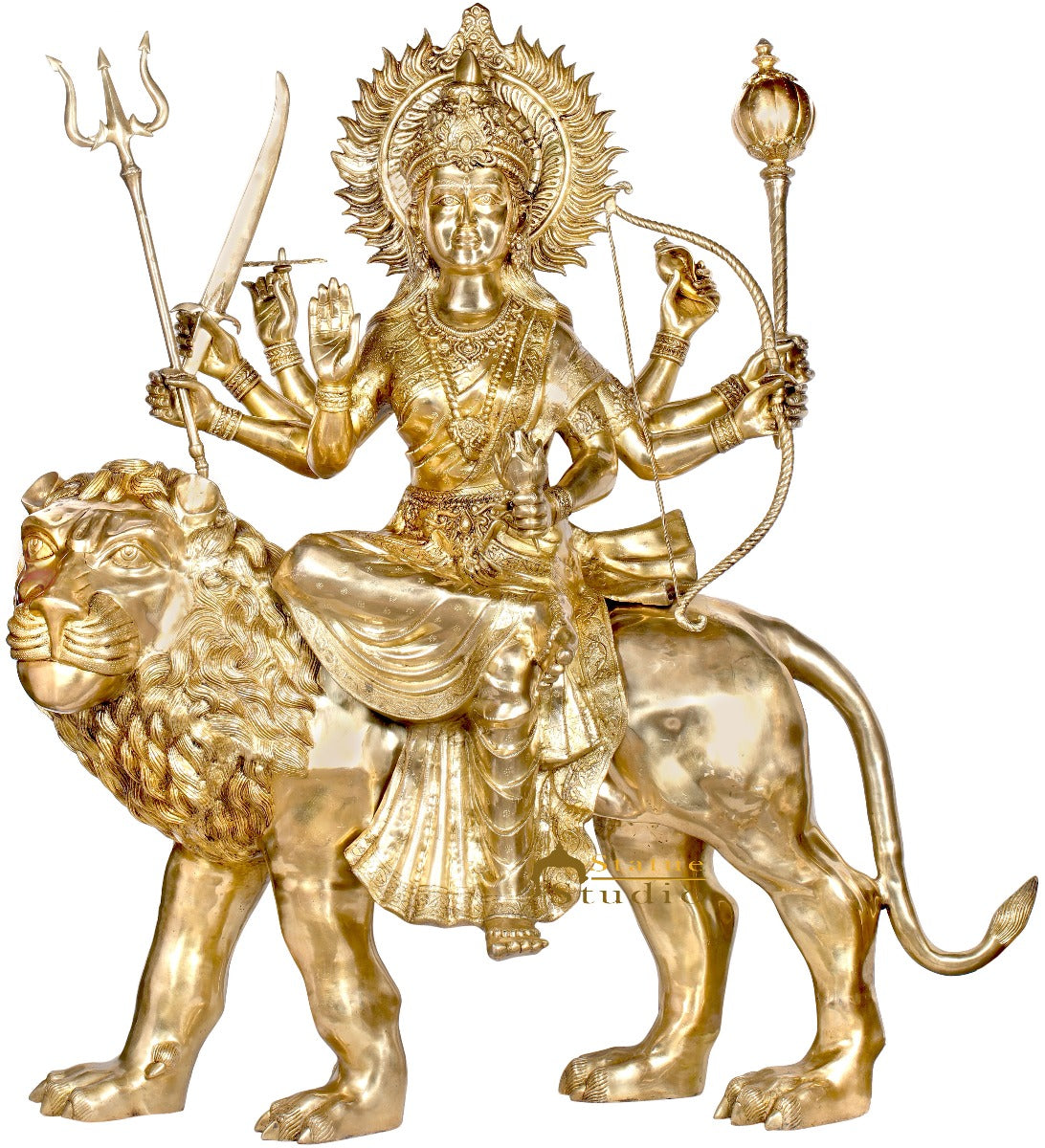 Brass Large Size Sherawali Maa Seated On Lion Idol Durga Home Temple Statue 5 FT - Eco-friendly - Sama Homes