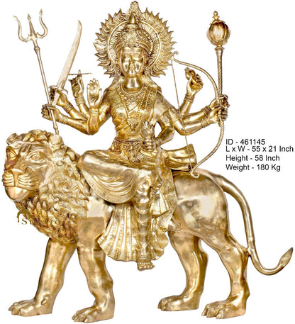 Brass Large Size Sherawali Maa Seated On Lion Idol Durga Home Temple Statue 5 FT by vendor-unknown - Hindu Gods (View 3)