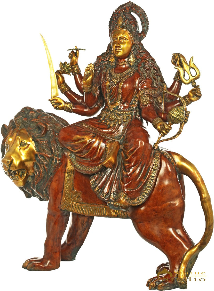Brass Large Size Sherawali Seated On Lion Idol Durga Home Temple Statue 3.5 Feet - Image 3