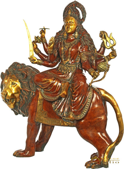 Brass Large Size Sherawali Seated On Lion Idol Durga Home Temple Statue 3.5 Feet by vendor-unknown - Hindu Gods (View 3)