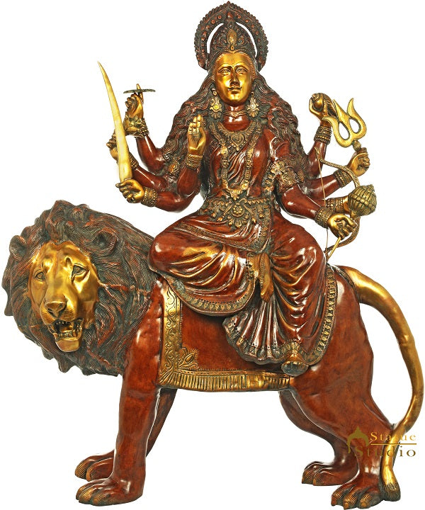 Brass Large Size Sherawali Seated On Lion Idol Durga Home Temple Statue 3.5 Feet - Image 2
