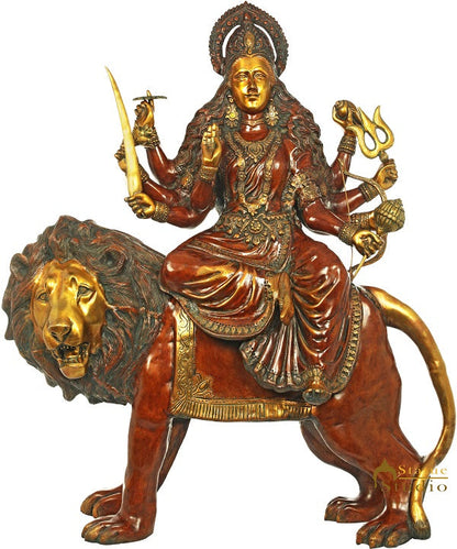Brass Large Size Sherawali Seated On Lion Idol Durga Home Temple Statue 3.5 Feet by vendor-unknown - Hindu Gods (View 2)
