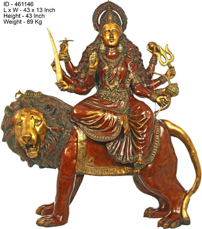 Brass Large Size Sherawali Seated On Lion Idol Durga Home Temple Statue 3.5 Feet by vendor-unknown - Hindu Gods (View 4)