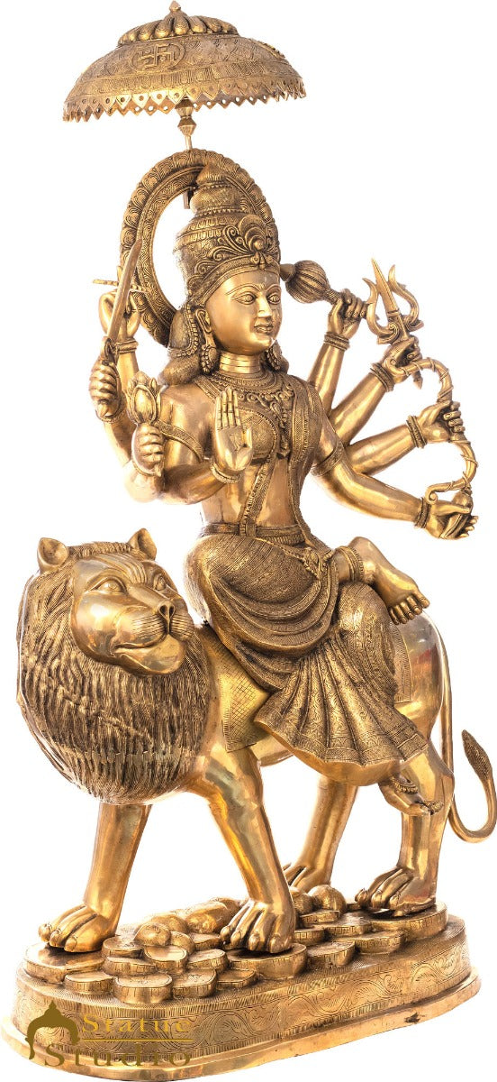 Brass Large Durga Seated On Lion Idol With Chatra On Top Home Temple 5 FT Statue - Image 3