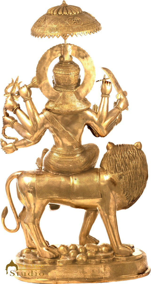 Brass Large Durga Seated On Lion Idol With Chatra On Top Home Temple 5 FT Statue