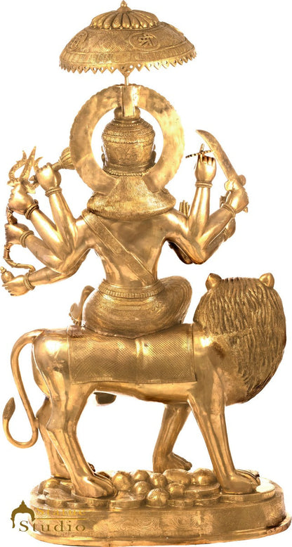 Brass Large Durga Seated On Lion Idol With Chatra On Top Home Temple 5 FT Statue by vendor-unknown - Hindu Gods (View 4)