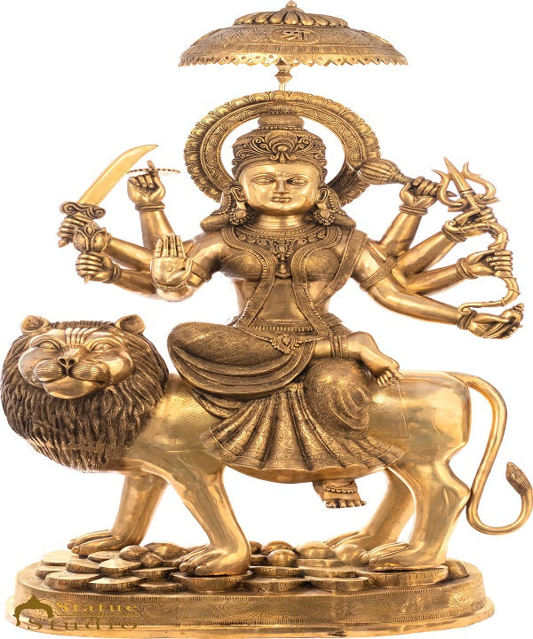 Brass Large Durga Seated On Lion Idol With Chatra On Top Home Temple 5 FT Statue - Eco-friendly - Sama Homes