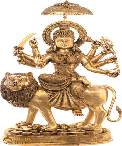 Brass Large Durga Seated On Lion Idol With Chatra On Top Home Temple 5 FT Statue by vendor-unknown - Hindu Gods
