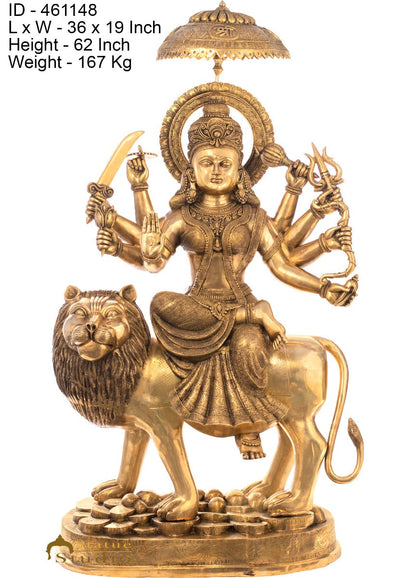 Brass Large Durga Seated On Lion Idol With Chatra On Top Home Temple 5 FT Statue by vendor-unknown - Hindu Gods (View 5)