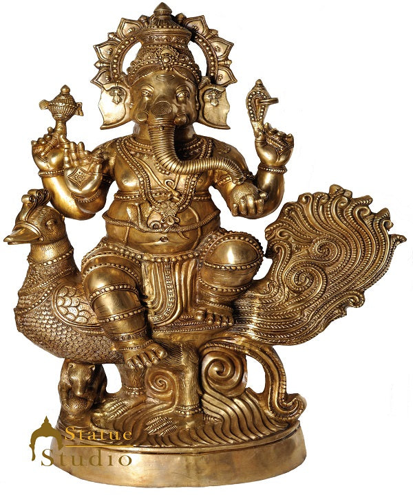 Brass Large Ganesha Idol Sitting On Mayur Home Temple Décor Statue 4 Feet - Eco-friendly - Sama Homes