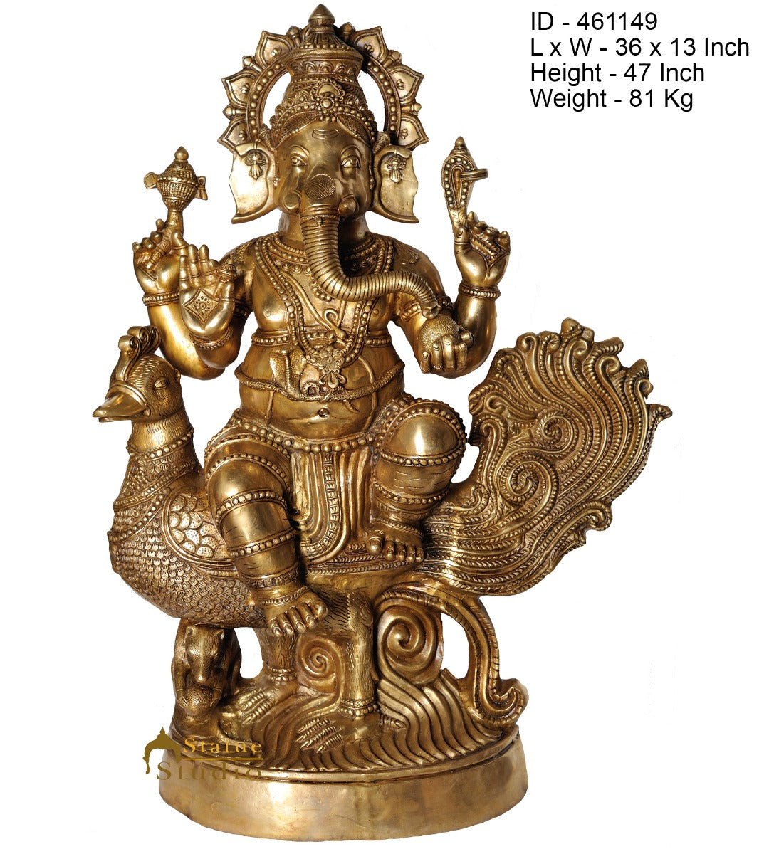 Brass Large Ganesha Idol Sitting On Mayur Home Temple Décor Statue 4 Feet - Image 3