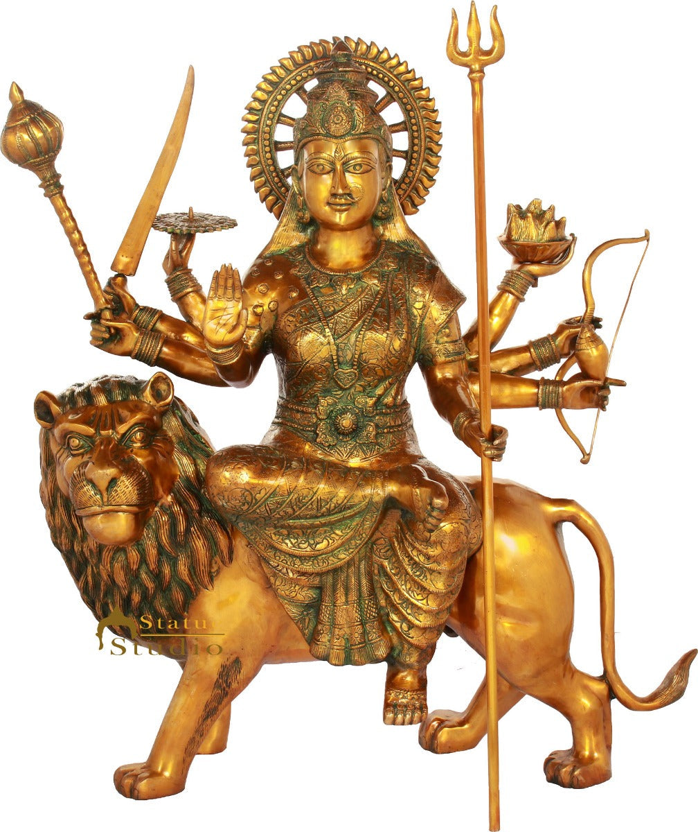 Brass Ashtabhuja Durga Idol Large Sherawali Home Temple Décor Statue 3 Feet - Image 2