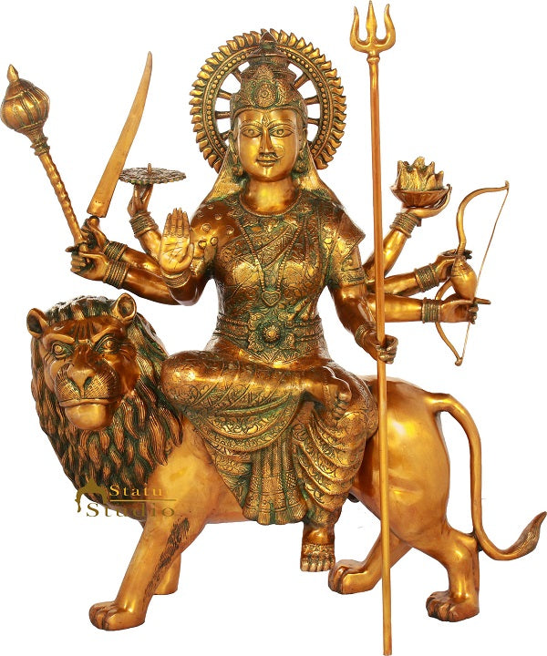 Brass Ashtabhuja Durga Idol Large Sherawali Home Temple Décor Statue 3 Feet - Eco-friendly - Sama Homes