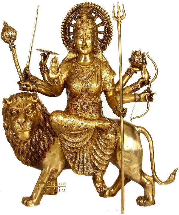 Brass Ashtabhuja Durga Murti Idol Large Sherawali Home Temple Décor Statue 3 Ft - Image 2