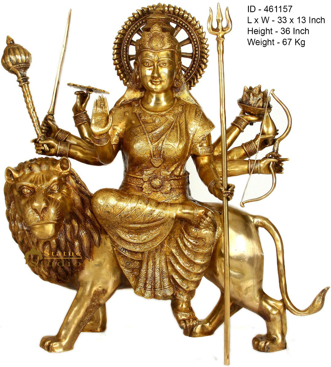 Brass Ashtabhuja Durga Murti Idol Large Sherawali Home Temple Décor Statue 3 Ft - Image 4