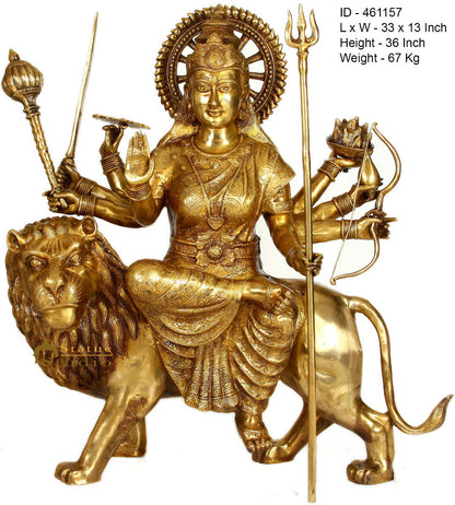 Brass Ashtabhuja Durga Murti Idol Large Sherawali Home Temple Décor Statue 3 Ft by vendor-unknown - Hindu Gods (View 4)