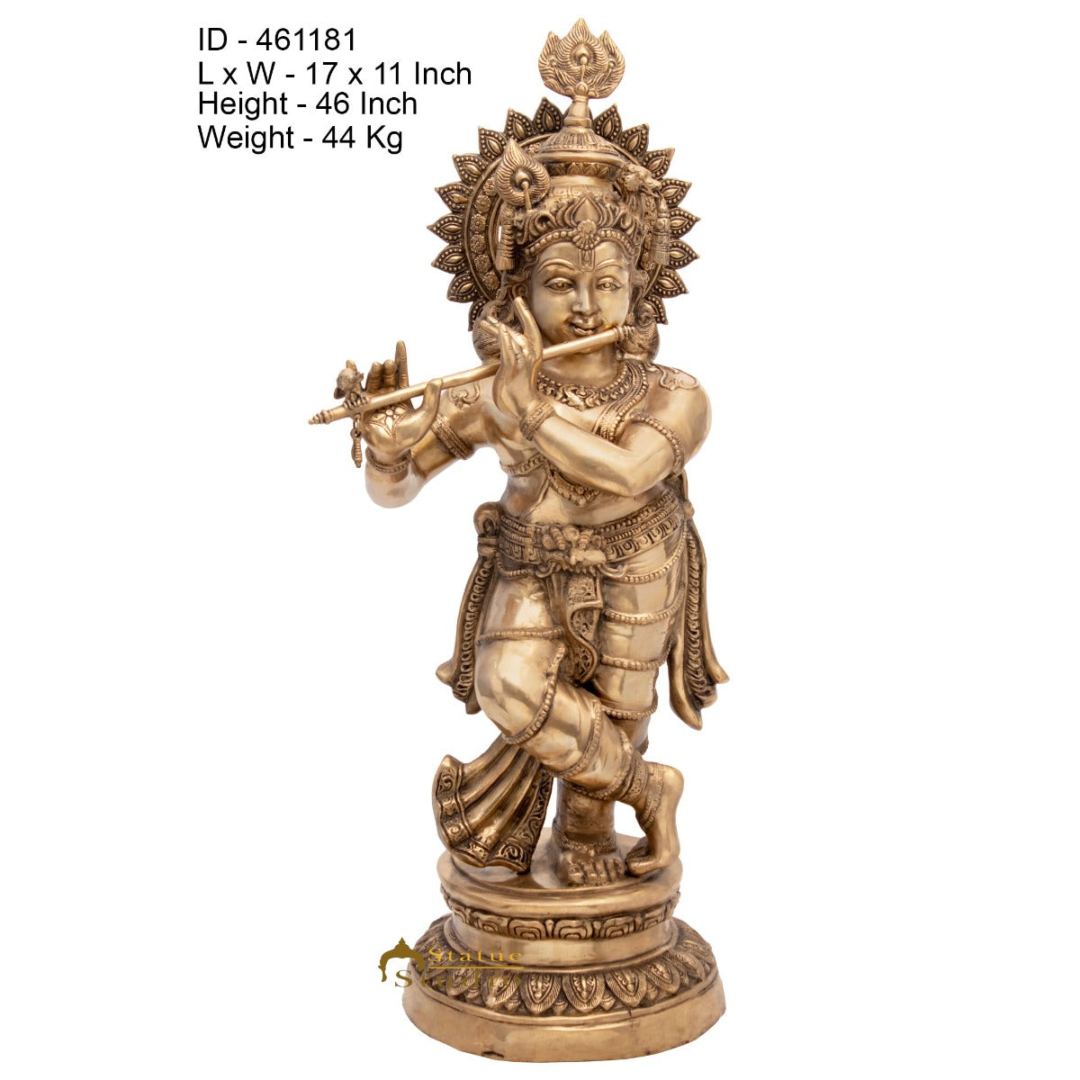 Brass Large Size Lord Krishna Idol With Peacock Feather 4 Feet