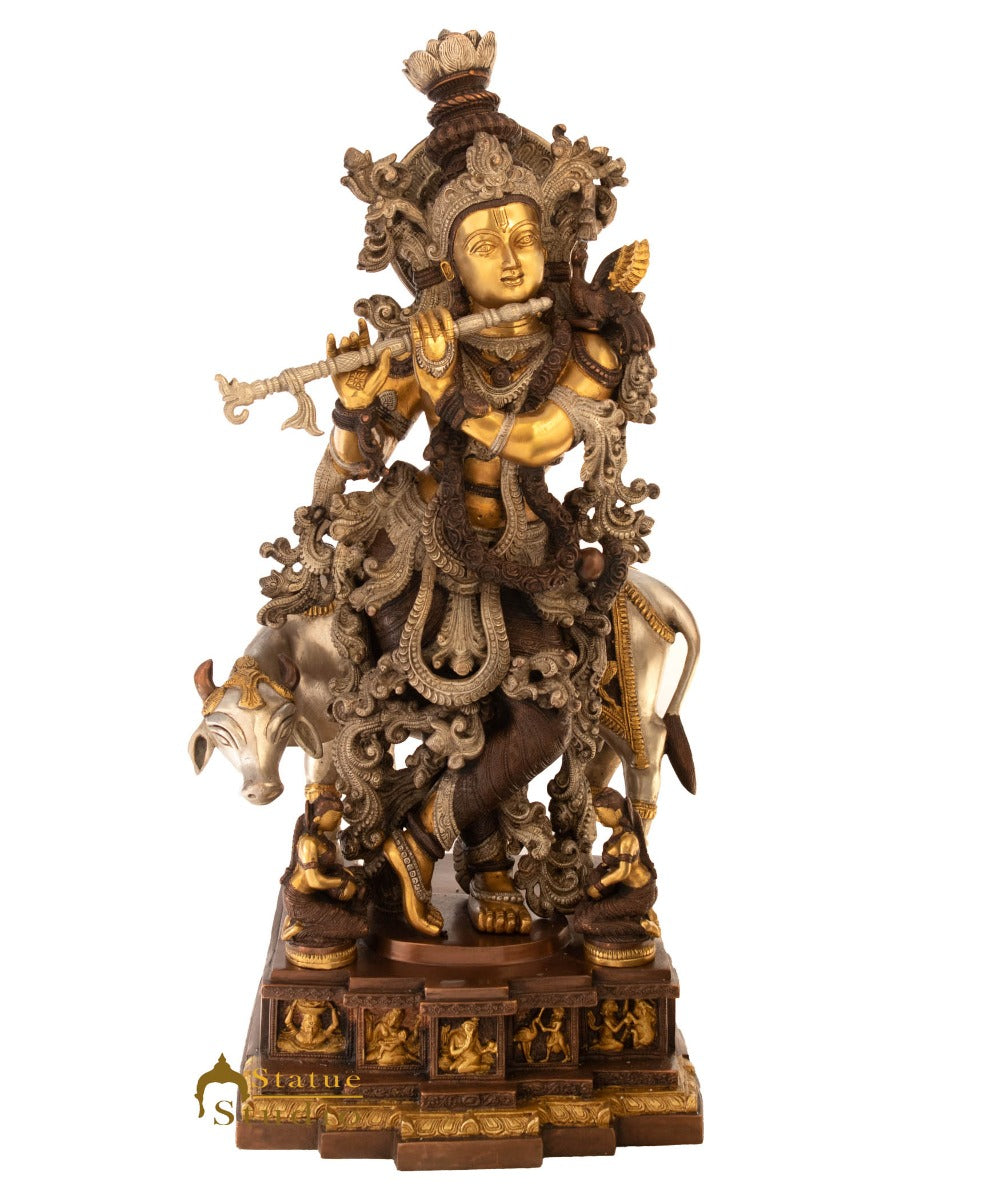 Brass Large Krishna Idol With Cow For Home Office Decor 28 Inch - Image 3