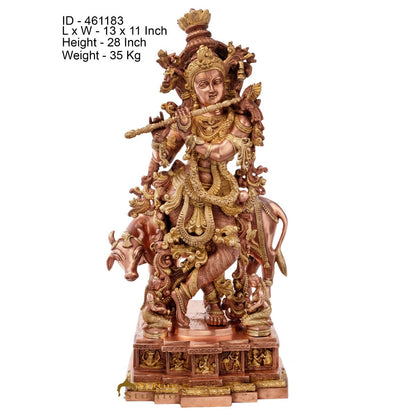 Brass Large Krishna Statue With Cow For Home Office Garden Decor 28 Inch by vendor-unknown - Hindu Gods (View 6)