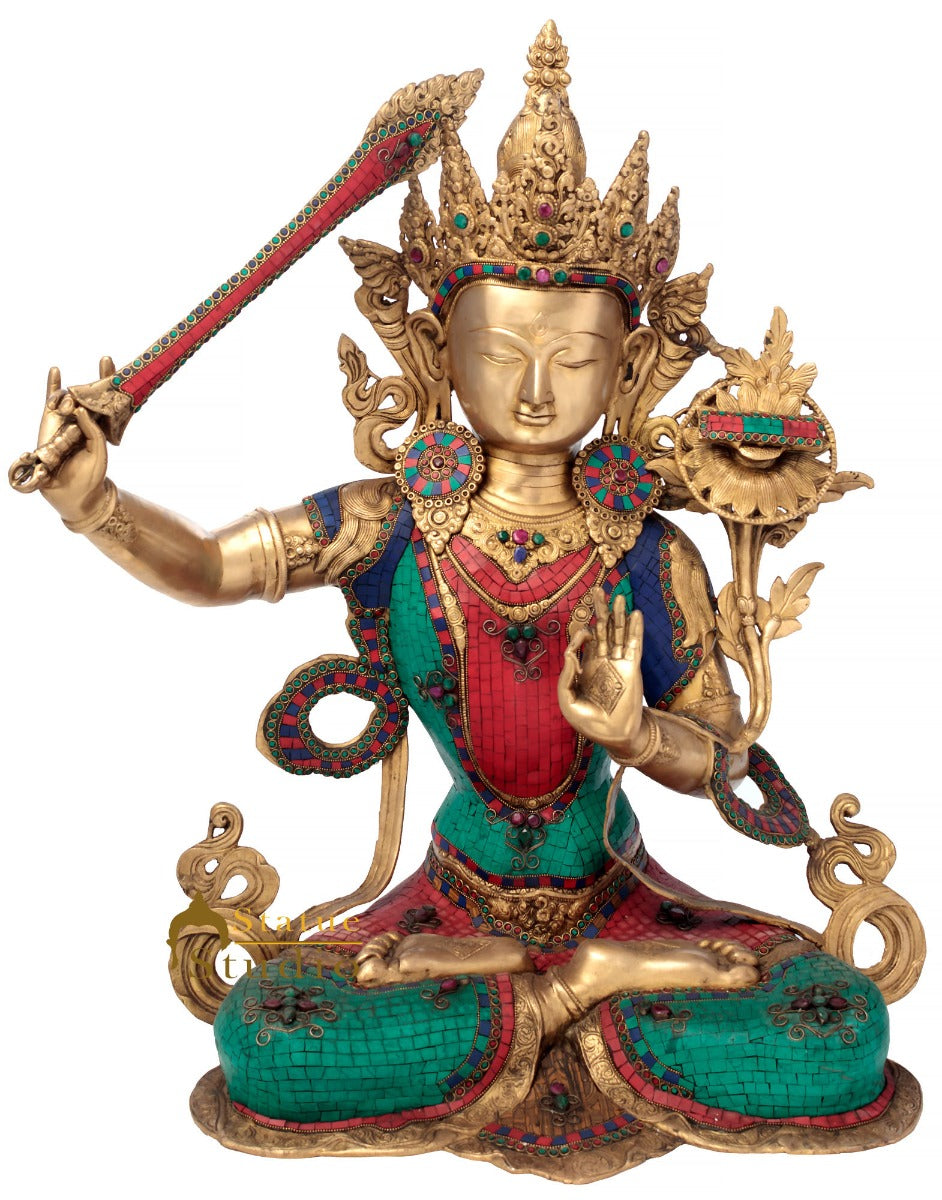 Brass Large Manjushri Statue Bodhisattva Buddha Idol Décor Showpiece 2.5 Feet
